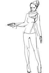 vector sketch of a woman is pointing direction
