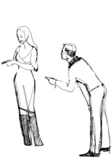 sketch of a man points a finger at woman