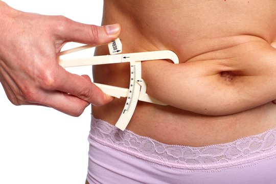 Woman measuring fat belly.