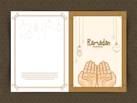 Greeting card with praying human hands for Ramadan Kareem.
