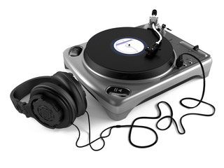 Fototapeta na wymiar Vinyl dj player with headphones. Turntable