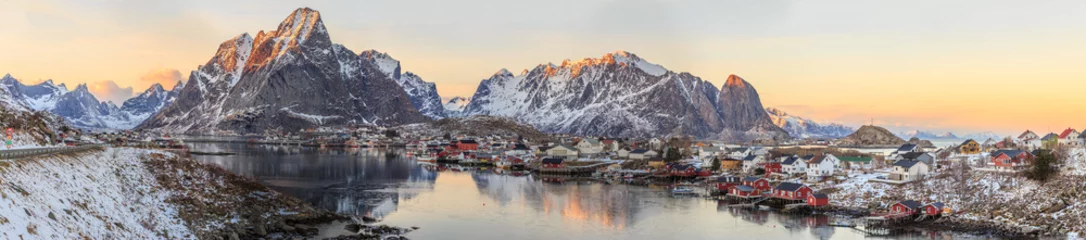 Fotobehang Reinefjorden vissersdorpen in noorwegen