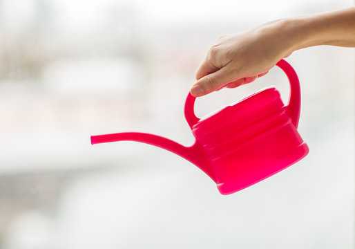 close up of woman hand holding watering can