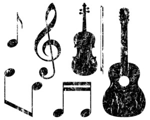 grunge music elements, guitar, violin, treble clef and notes