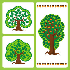 Large stylized oak trees with acorns in the vector
