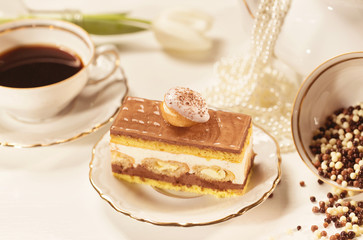 Tiramisu cake on beautifully deocorated table