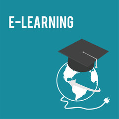 E-learning, world and mortarboard over color background
