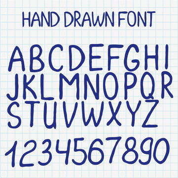 Vector illustration. Hand drawn alphabet with numbers.