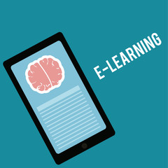 E-learning, brain,  and cell phone over blue color background