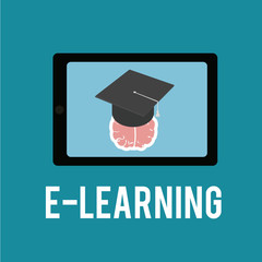 E-learning, brain, tablet and mortarboard blue over color backgr