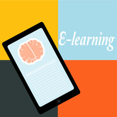 E-learning, brain and cell phone over color background