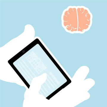 E-learning, , brain, hands and tablet over blue  color backgroun