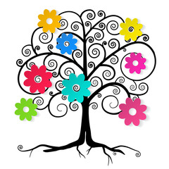 Abstract Vector Tree with Colorful Flowers