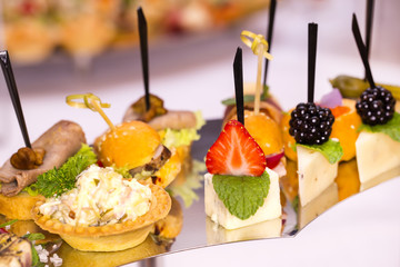 Canapes of cheese vegetables meat and seafood