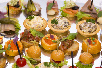 Canapes of cheese vegetables meat and seafood