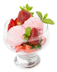 Dessert of strawberry ice cream and mint