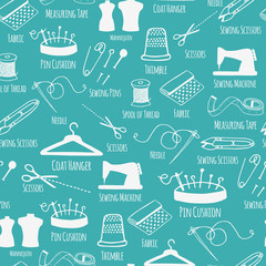 Seamless pattern with sewing and tailoring stuff. Vector