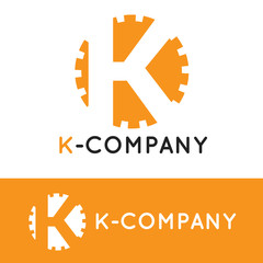 Vector minimalistic orange K letter logotype. Cogwheel logo