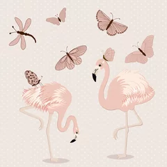 Papier Peint photo Flamingo Cute pink flamingos and butterflies