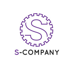 Vector minimalistic outline violet S letter logotype. Cogwheel