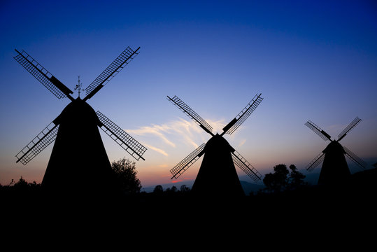 silhouette of windmills at sunset