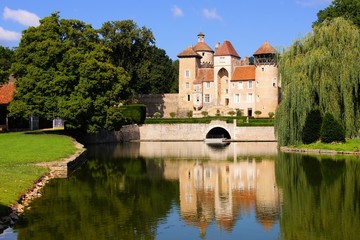 Medieval Chateau de Sercy with reflections, Burgundy, France