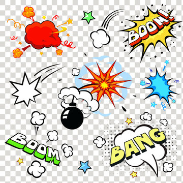 Comic speech bubbles in pop art style with bomb cartoon