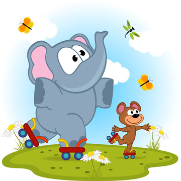elephant and mouse roller skating - vector illustration