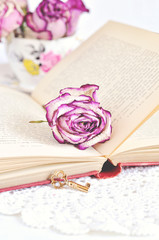 Dried roses on a vintage book
