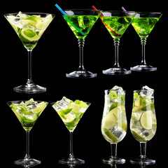 Collage of different cocktails on black background