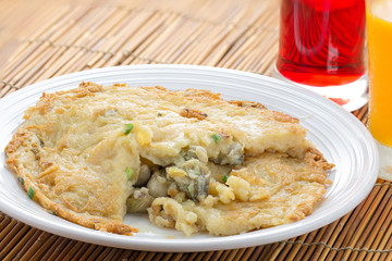 Oyster omelet fire with egg, chinese food on white dish