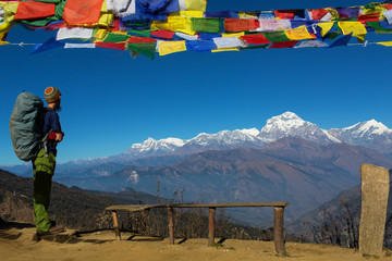 Traveler admiring Annapurna South Peak in Himalaya Mountain, Nep