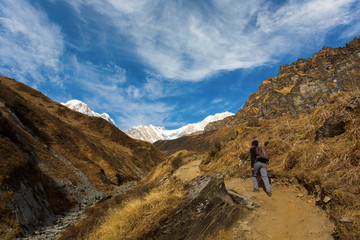 Fototapeta na wymiar Trekking to Annapurna Base Camp in the Nepal Himalaya. Annapurna