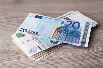 Stack of money on table close up