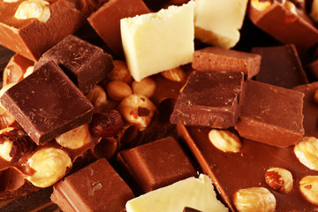 Set of chocolate with hazelnut, closeup