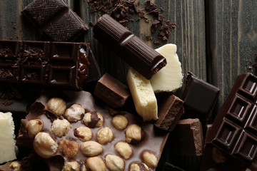 Set of chocolate with hazelnut, closeup