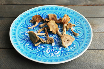 Dried mushrooms on color plate on wooden background