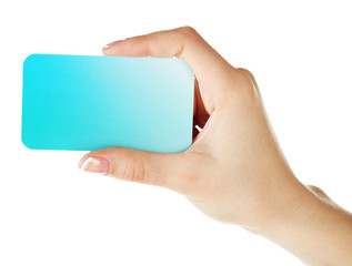 Obraz premium Hand holding business card, isolated on white