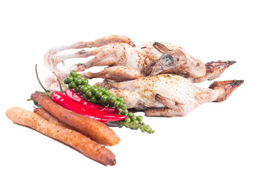 quail and spices Before cooking isolate on white