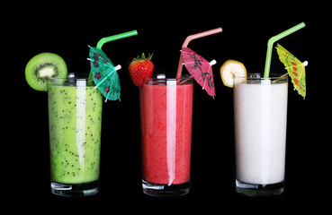 healthy glass of smoothies collection flavor on black background