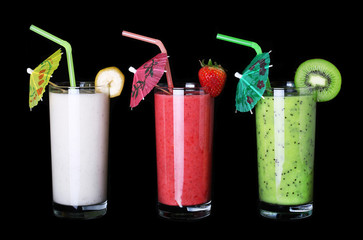 healthy glass of smoothies collection flavor on black background