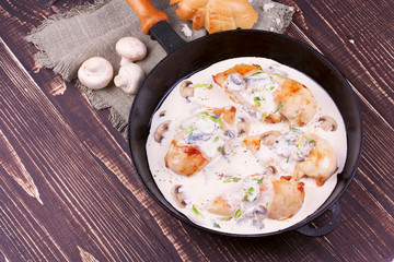 Frying pan with fried chicken breast, mushrooms and greens