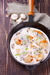 Frying pan with fried chicken breast, mushrooms and greens