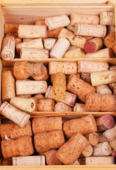 Wine corcks collection in wooden box