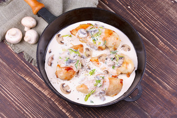 Frying pan with fried chicken breast, mushrooms and greens
