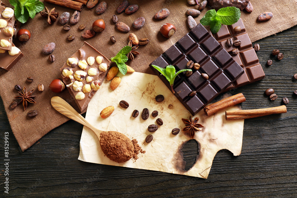 Canvas Prints chocolate with mint, spices and coffee beans on table, closeup