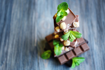 Set of spicy chocolate on wooden background