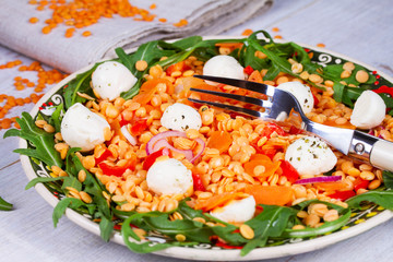 Red lentil salad with mozzarella and arugula
