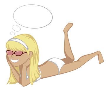 Lying on the beach - A cute blondie in sunglasses.