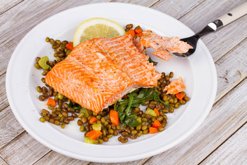 Steamed Salmon with Lentils and Arugula